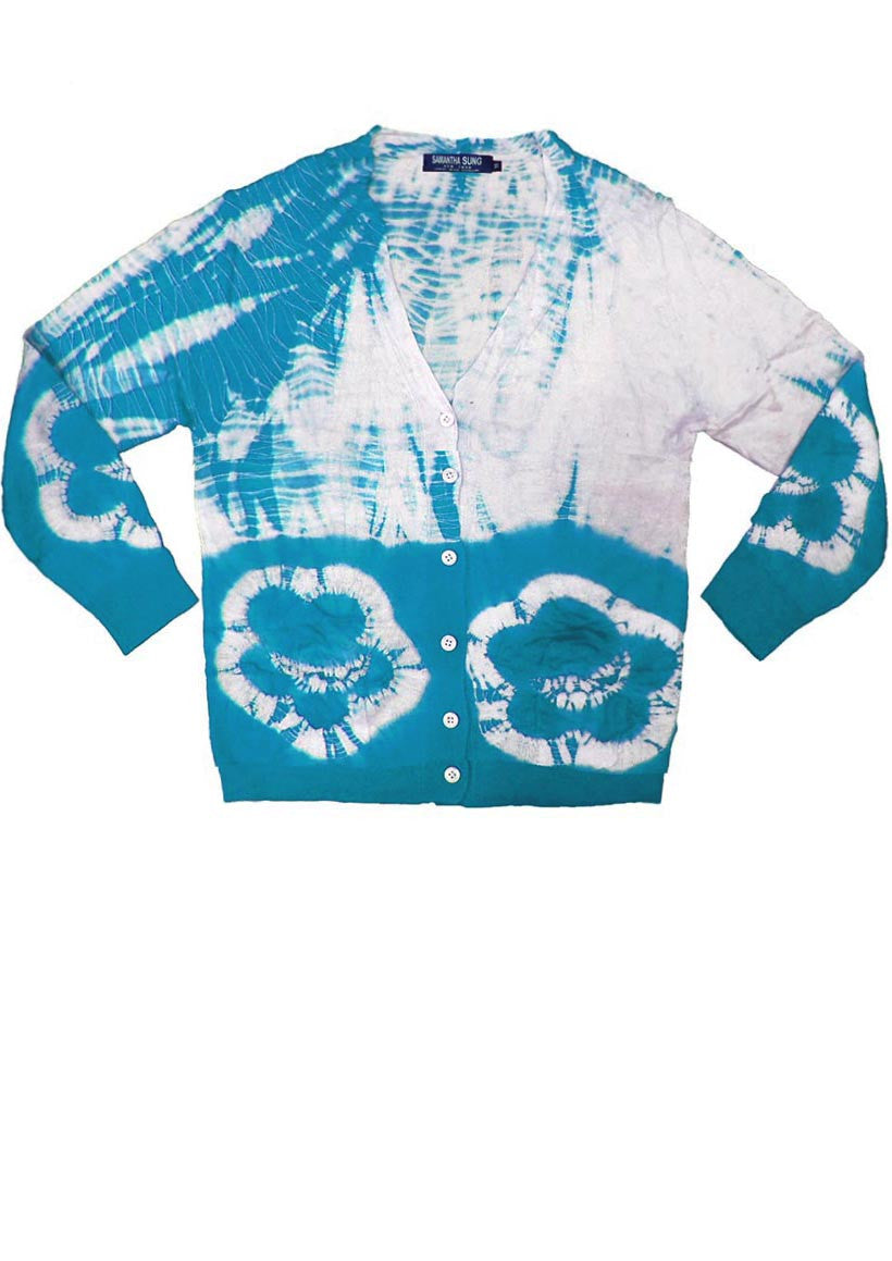 Short | Double Flower Shibori Border | Aqua | Front-1 | Cardigan by Samantha Sung