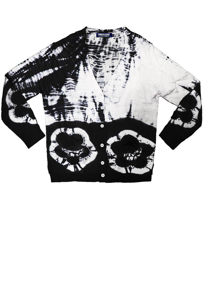 Short | Double Flower Shibori Border | Black | Front-1 | Cardigan by Samantha Sung