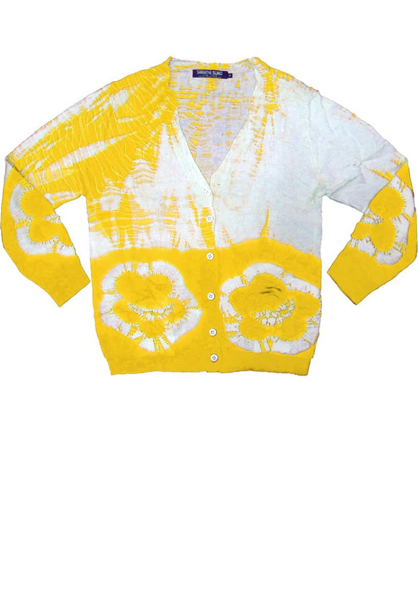 Short | Double Flower Shibori Border | Chrome Yellow | Front-1 | Cardigan by Samantha Sung