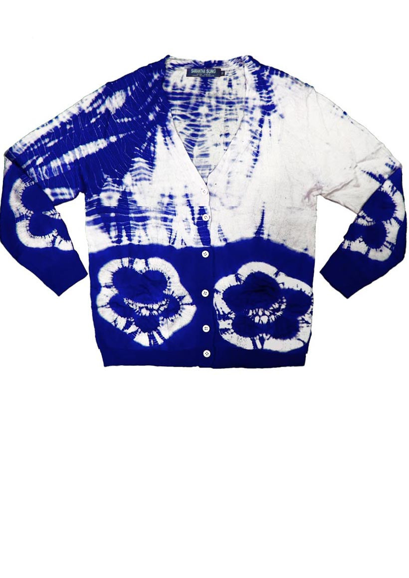 Short | Double Flower Shibori Border | Cobalt Blue | Front-1 | Cardigan by Samantha Sung