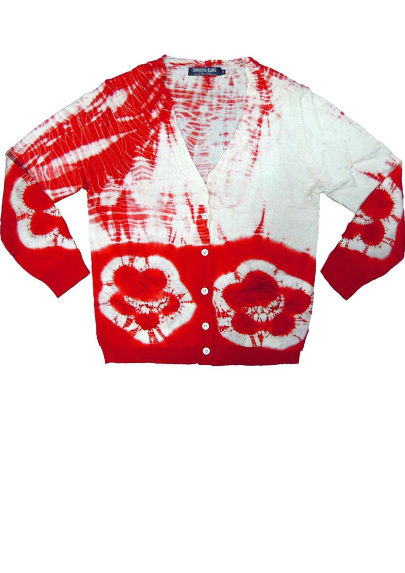 Short | Double Flower Shibori Border | Indian Red | Front-1 | Cardigan by Samantha Sung