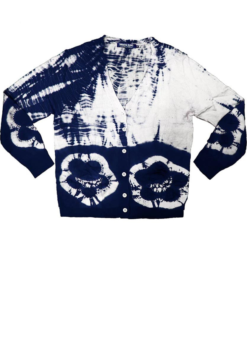 Short | Double Flower Shibori Border | Indigo | Front-1 | Cardigan by Samantha Sung