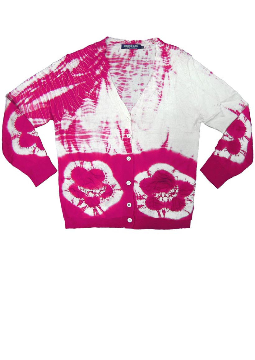 Short | Double Flower Shibori Border | Pink | Front-1 | Cardigan by Samantha Sung