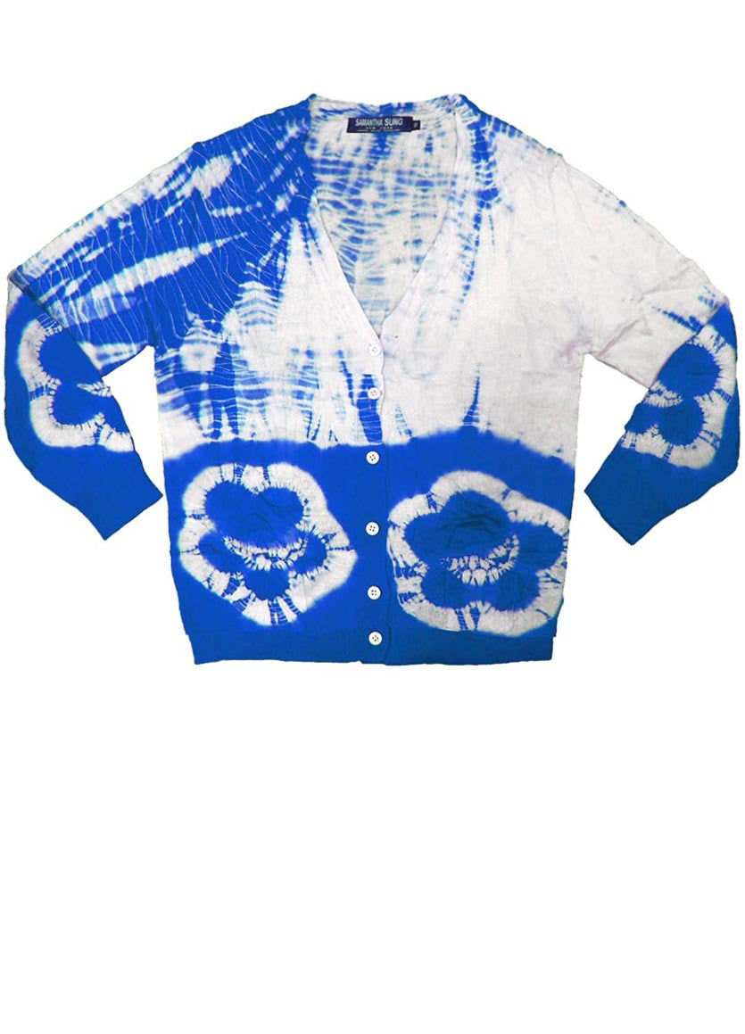 Short | Double Flower Shibori Border | Sea Blue | Front-1 | Cardigan by Samantha Sung