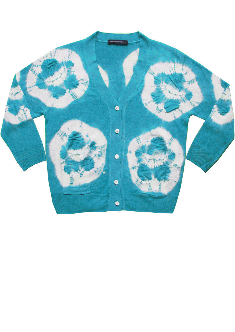 Short | Double Flower Shibori | Aqua | Front-1 | Cardigan by Samantha Sung