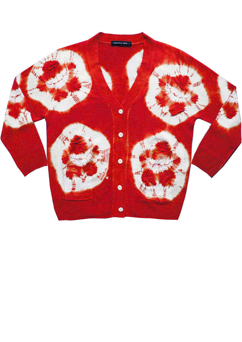 Short | Double Flower Shibori | Indian Red | Front-1 | Cardigan by Samantha Sung