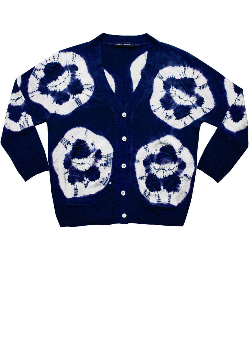 Short | Double Flower Shibori | Indigo | Front-1 | Cardigan by Samantha Sung