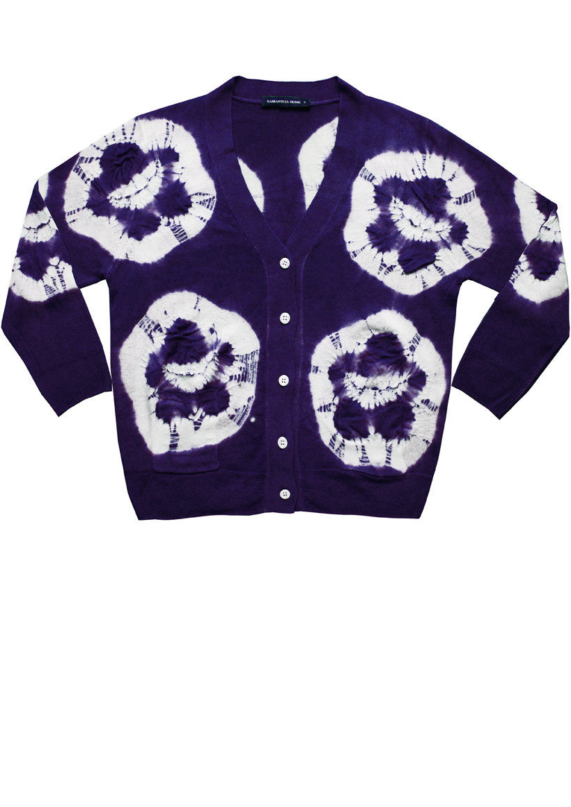 Short | Double Flower Shibori | Eggplant | Front-1 | Cardigan by Samantha Sung