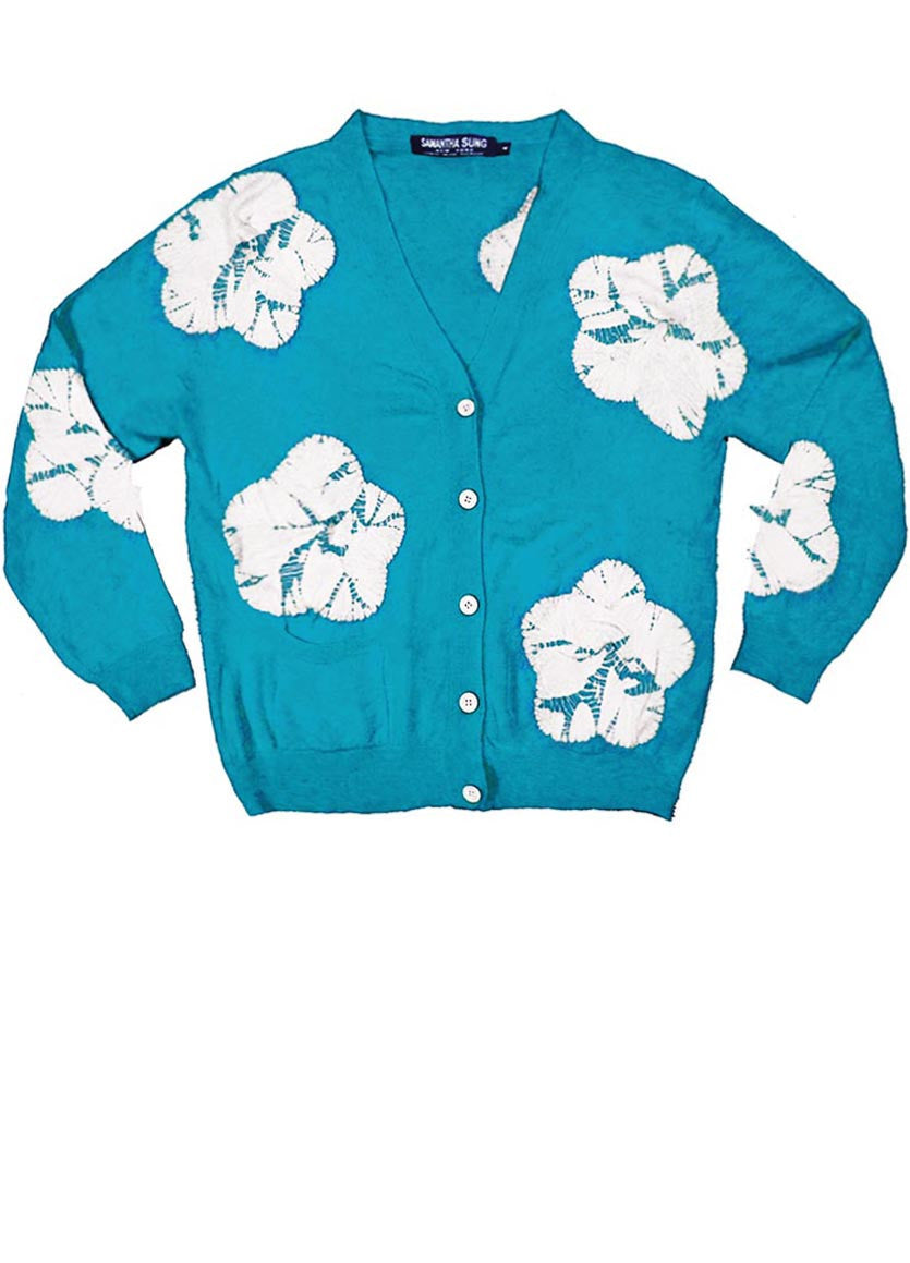 Short | Flower Shibori | Aqua | Front-1 | Cardigan by Samantha Sung