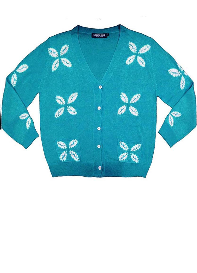 Short | Four Leaves Shibori | Aqua | Front-1 | Cardigan by Samantha Sung