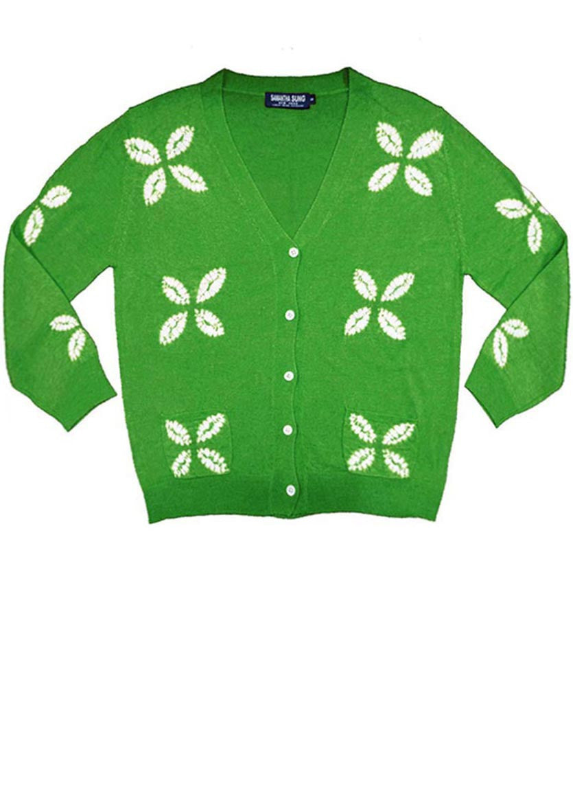 Short | Four Leaves Shibori | Grass Green | Front-1 | Cardigan by Samantha Sung