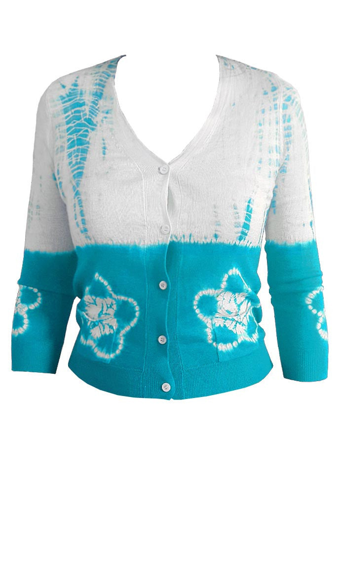 Short | Star Shibori Border | Aqua | Front-1 | Cardigan by Samantha Sung