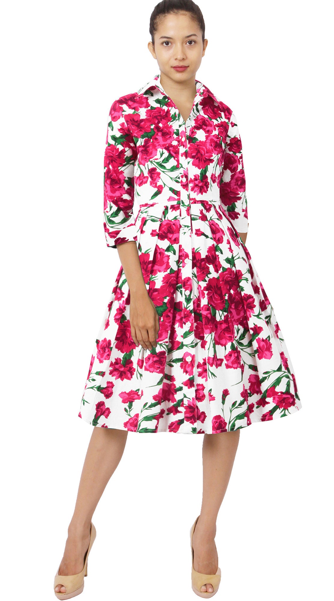 3/4 Sleeve | Carnation | White Rose | Front | Shirt Dress By Samantha Sung