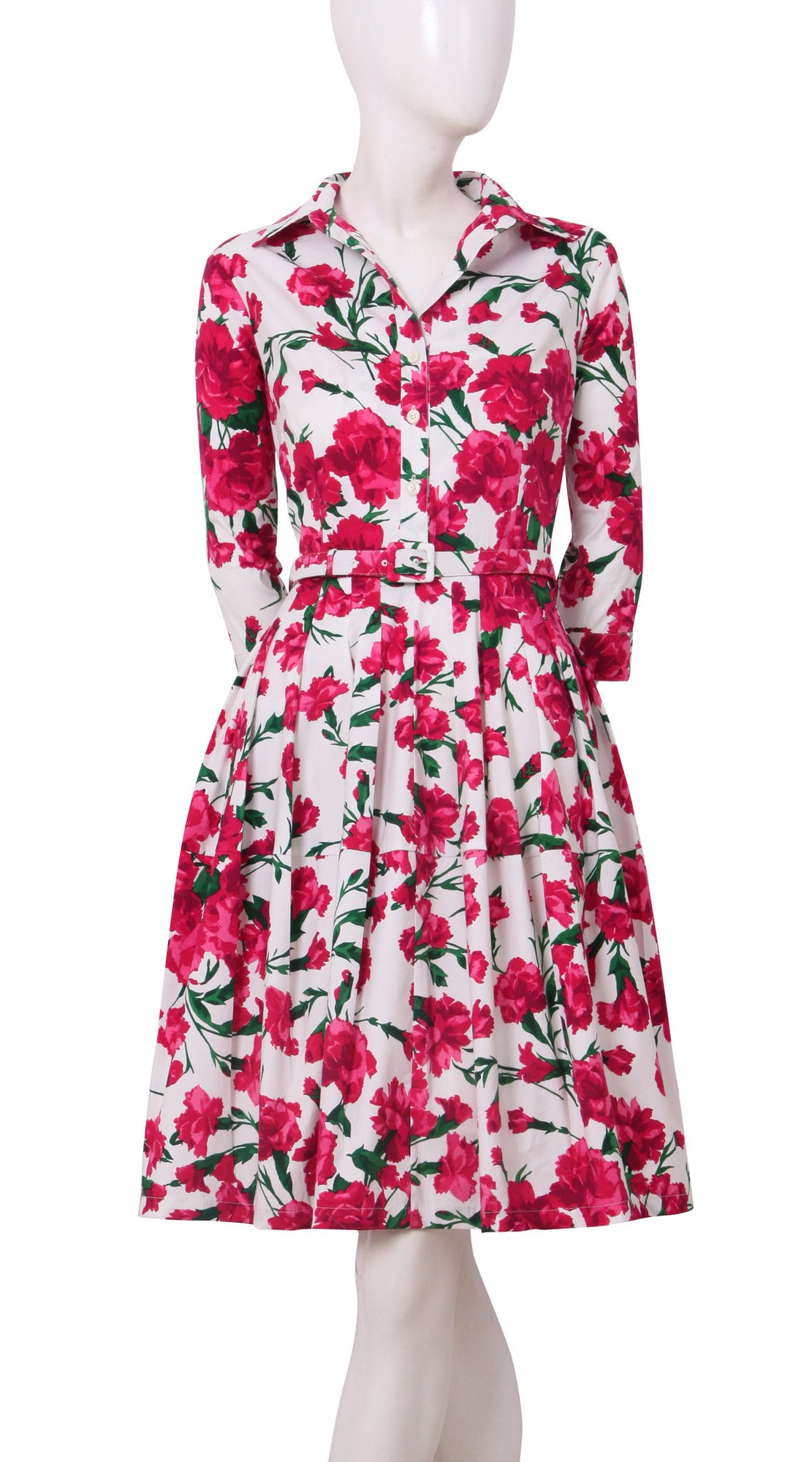 3/4 Sleeve | Carnation | White Rose | Front | Shirt Dress By Samantha Sung