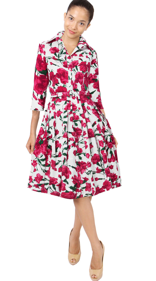3/4 Sleeve | Carnation | White Rose | Front | Shirt Dress By Samantha Sung
