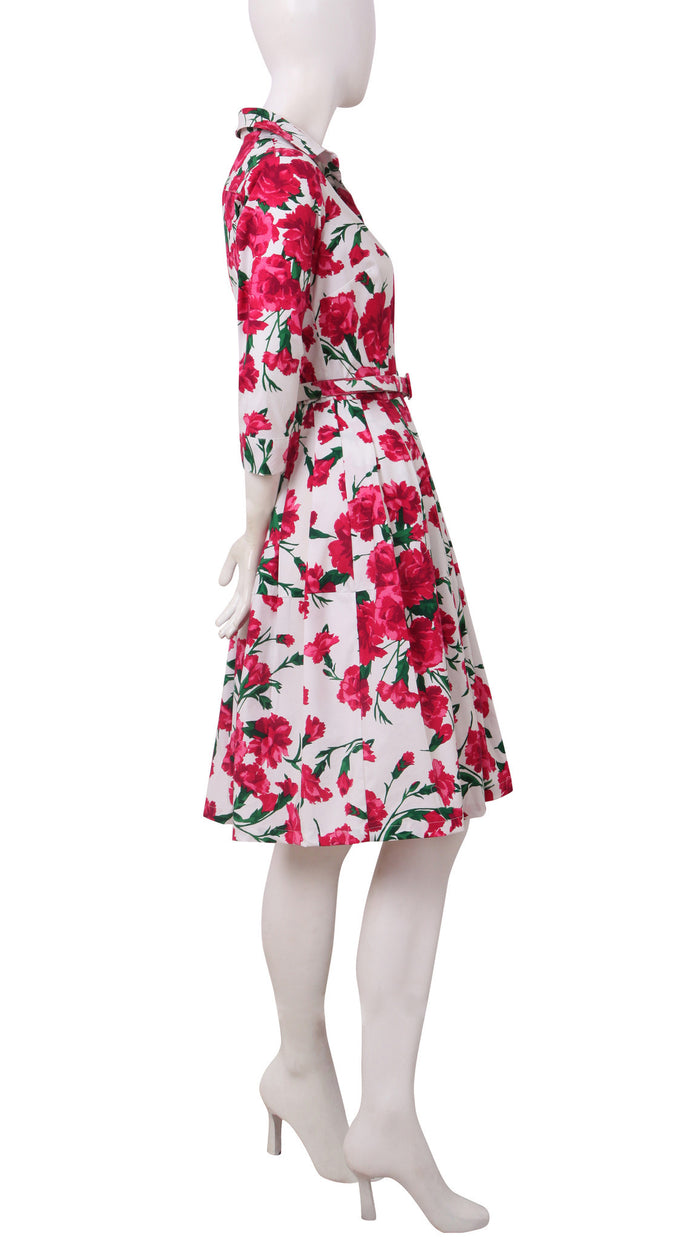 3/4 Sleeve | Carnation | White Rose | Right | Shirt Dress By Samantha Sung