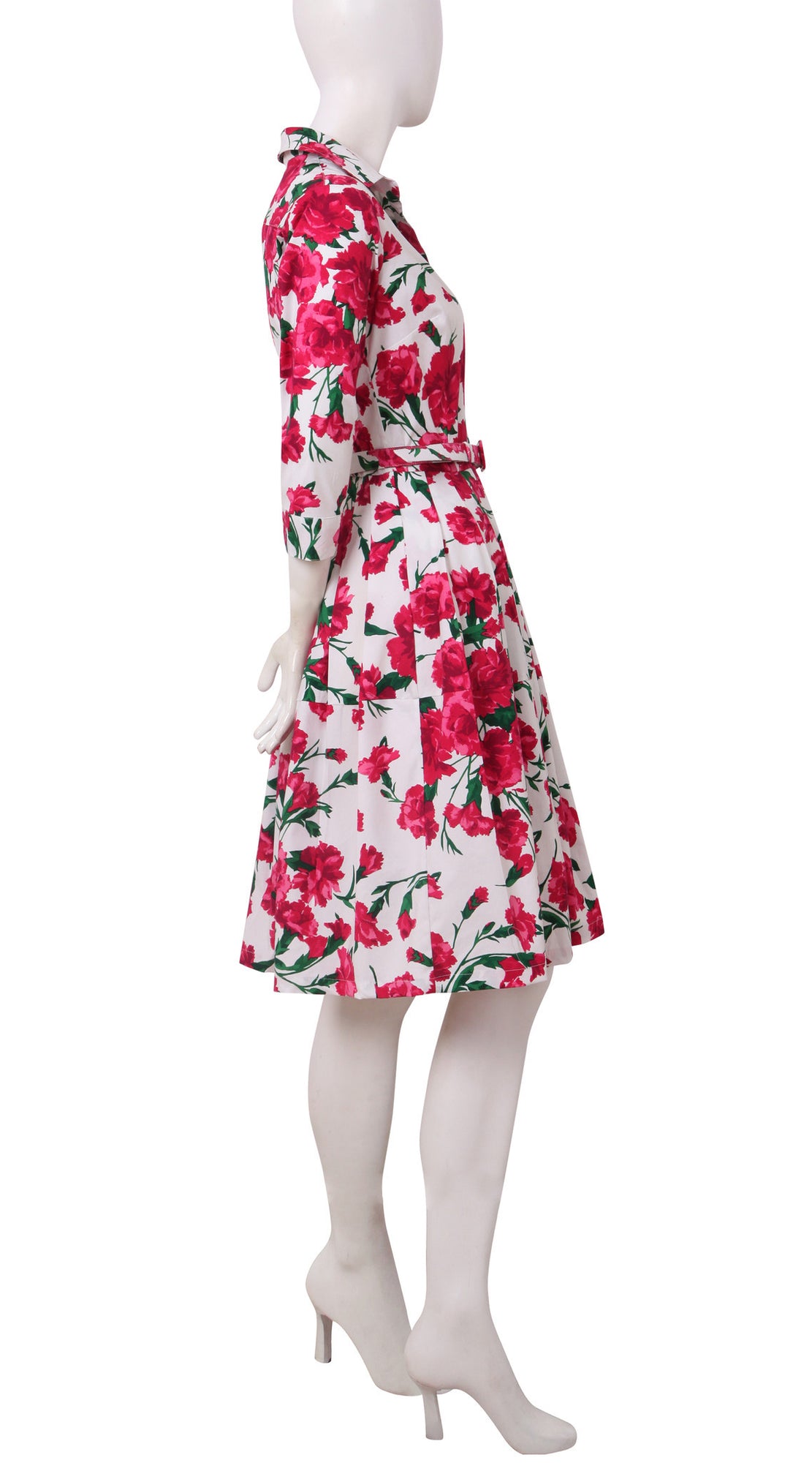 3/4 Sleeve | Carnation | White Rose | Right | Shirt Dress By Samantha Sung