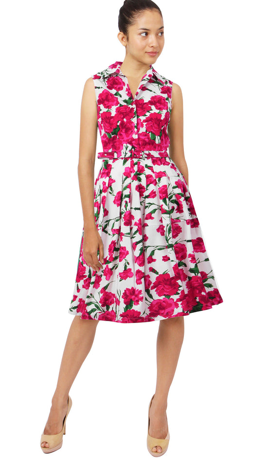 Sleeveless | Carnation | White Rose | Front | Shirt Dress By Samantha Sung