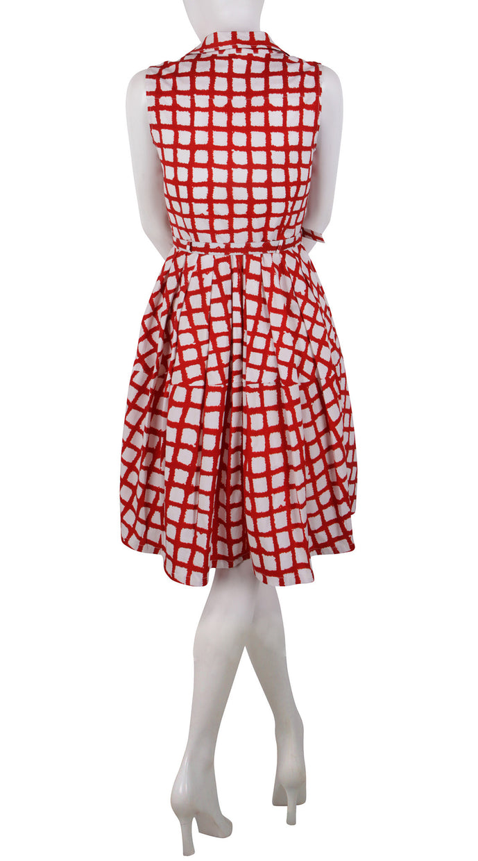 Sleeveless | Check Shibori | White Indian Red | Back | Shirt Dress By Samantha Sung