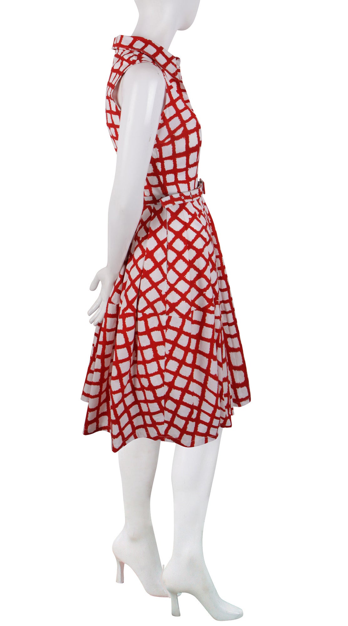 Sleeveless | Check Shibori | White Indian Red | Right | Shirt Dress By Samantha Sung
