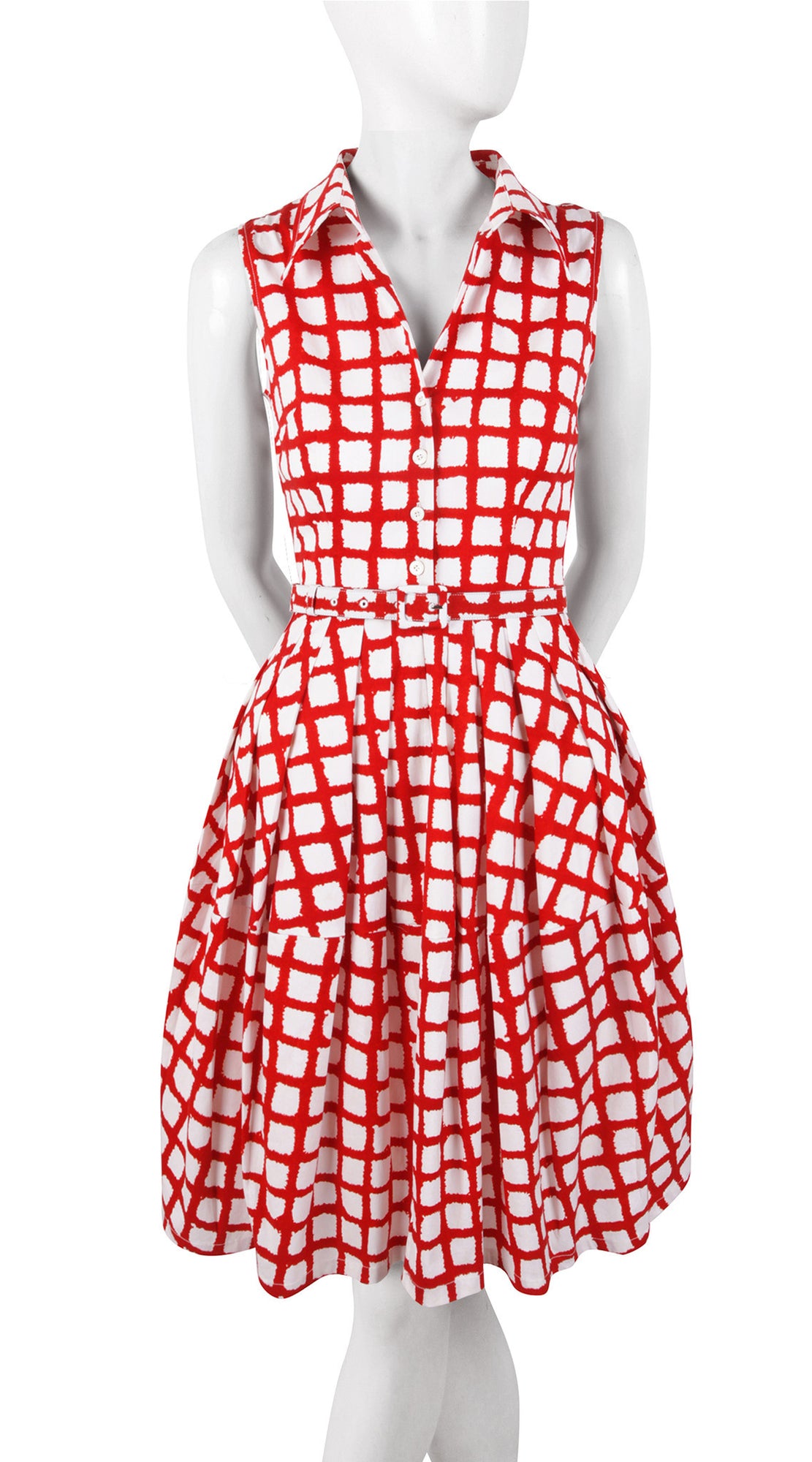 Sleeveless | Check Shibori | White Indian Red | Front | Shirt Dress By Samantha Sung