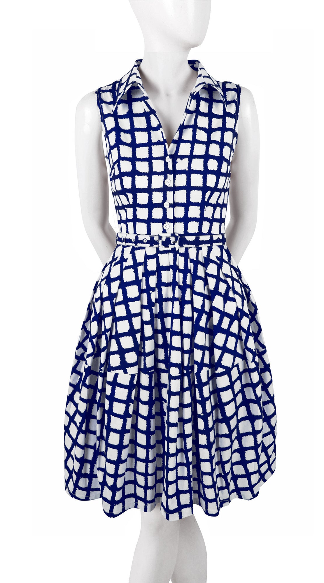 Sleeveless | Check Shibori | White Indigo | Front | Shirt Dress By Samantha Sung