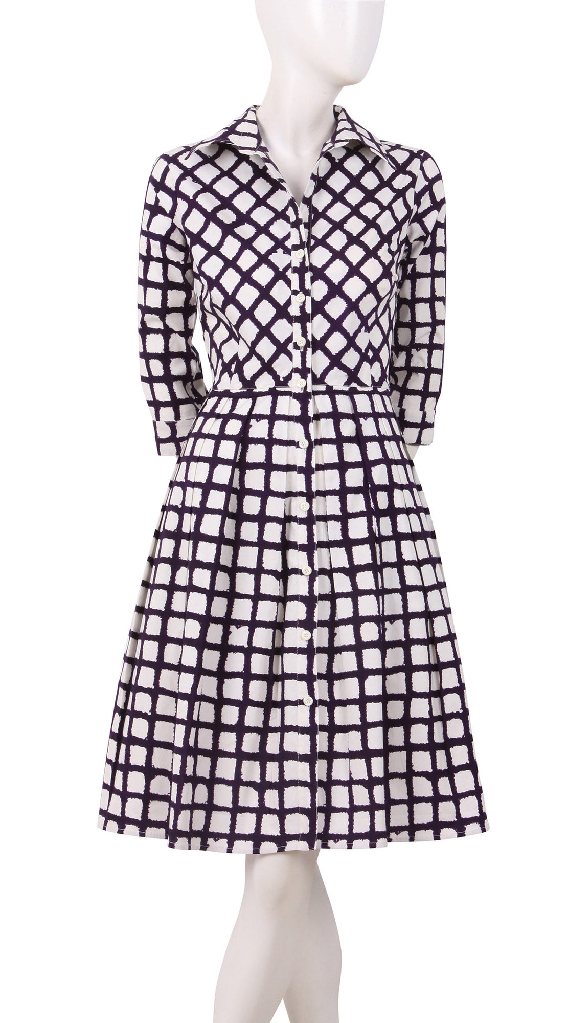 3/4 Sleeve | Check Shibori | White Lilac | Front | Shirt Dress By Samantha Sung