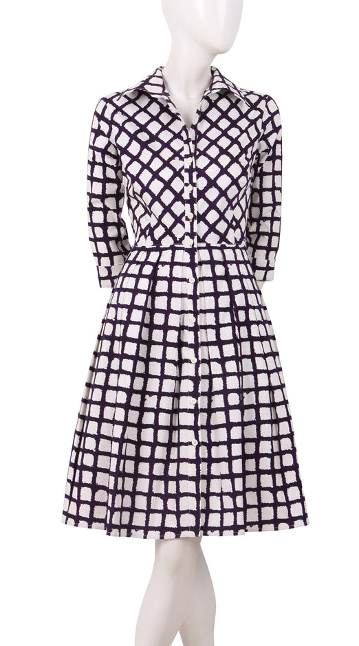 3/4 Sleeve | Check Shibori | White Lilac | Front | Shirt Dress By Samantha Sung