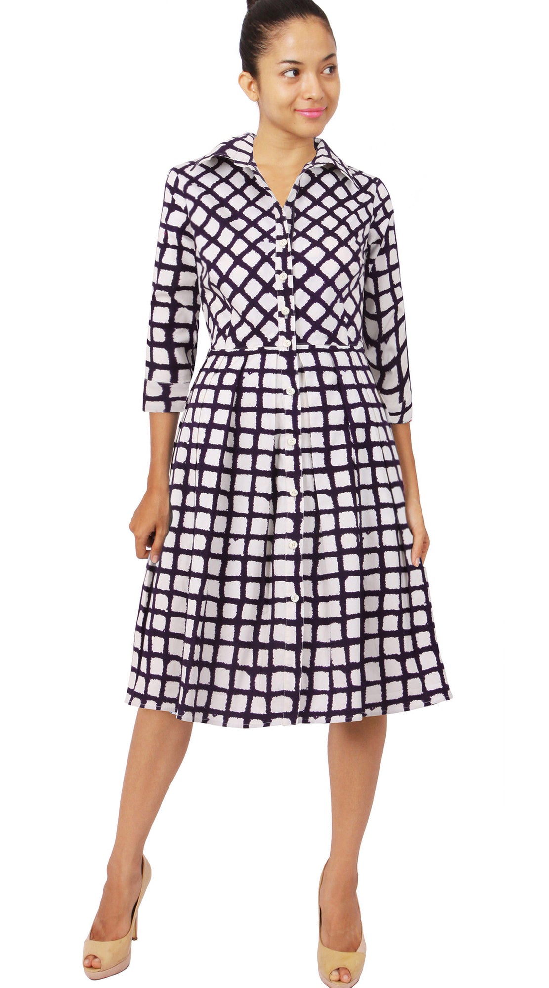 Audrey Dress Shirt Collar 3 4 Sleeve Regular Cotton Stretch Check