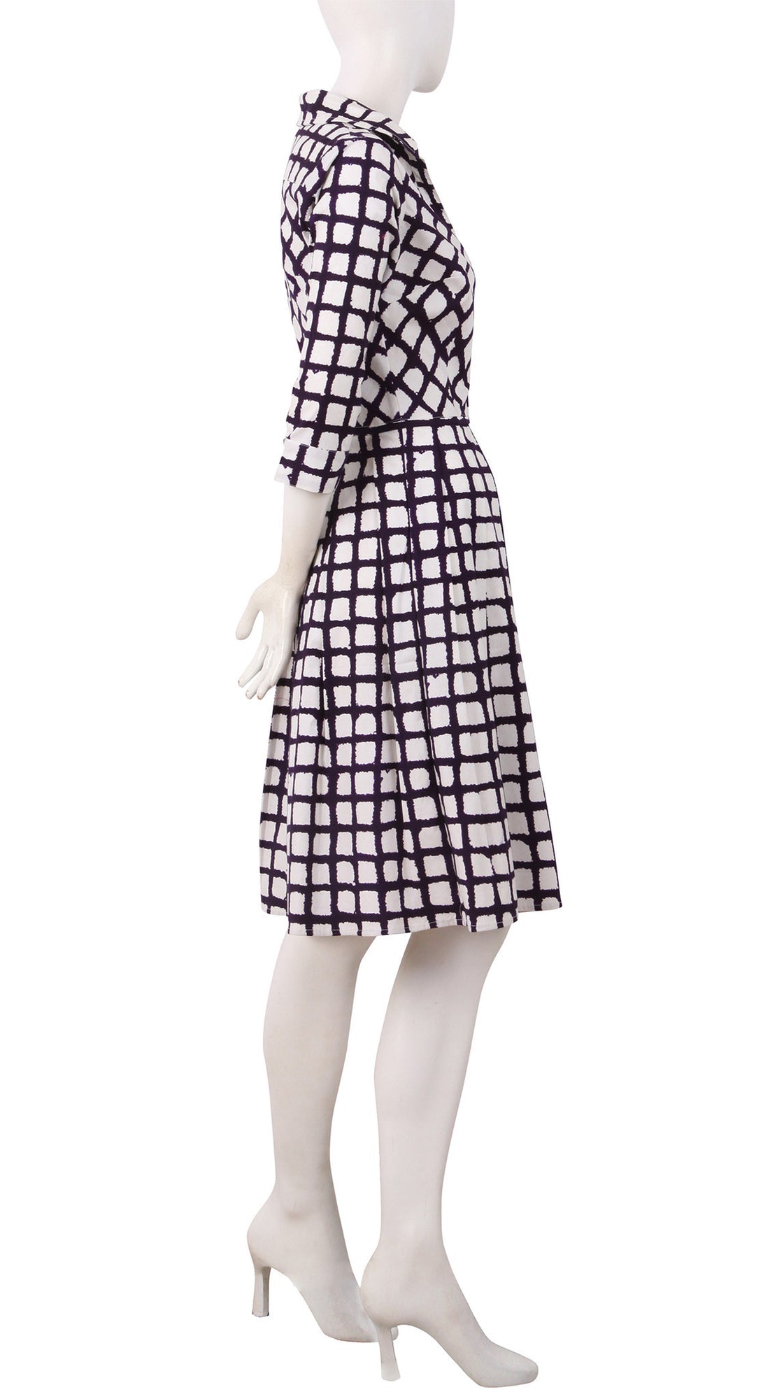 3/4 Sleeve | Check Shibori | White Lilac | Right | Shirt Dress By Samantha Sung