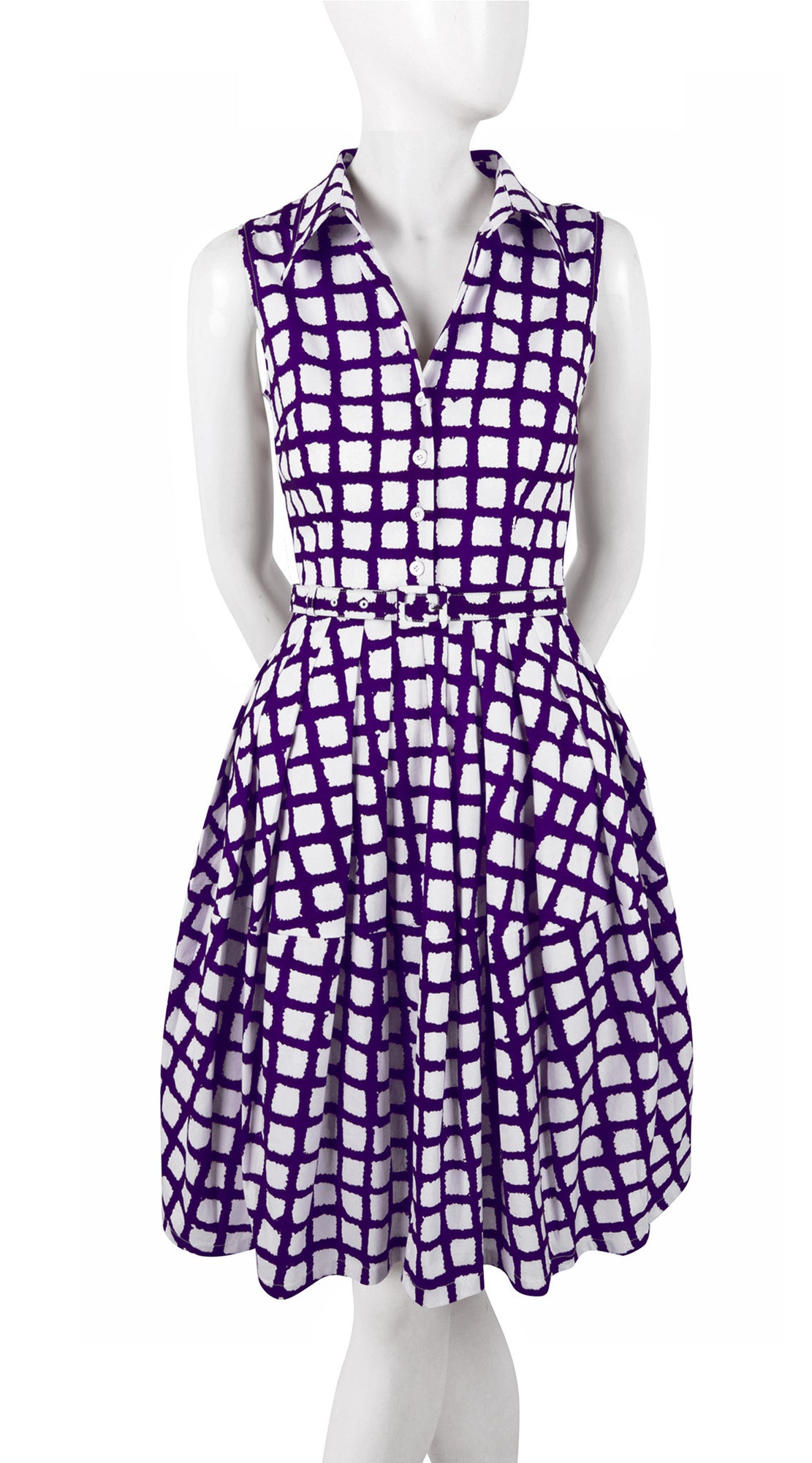 Sleeveless | Check Shibori | White Lilac | Front | Shirt Dress By Samantha Sung