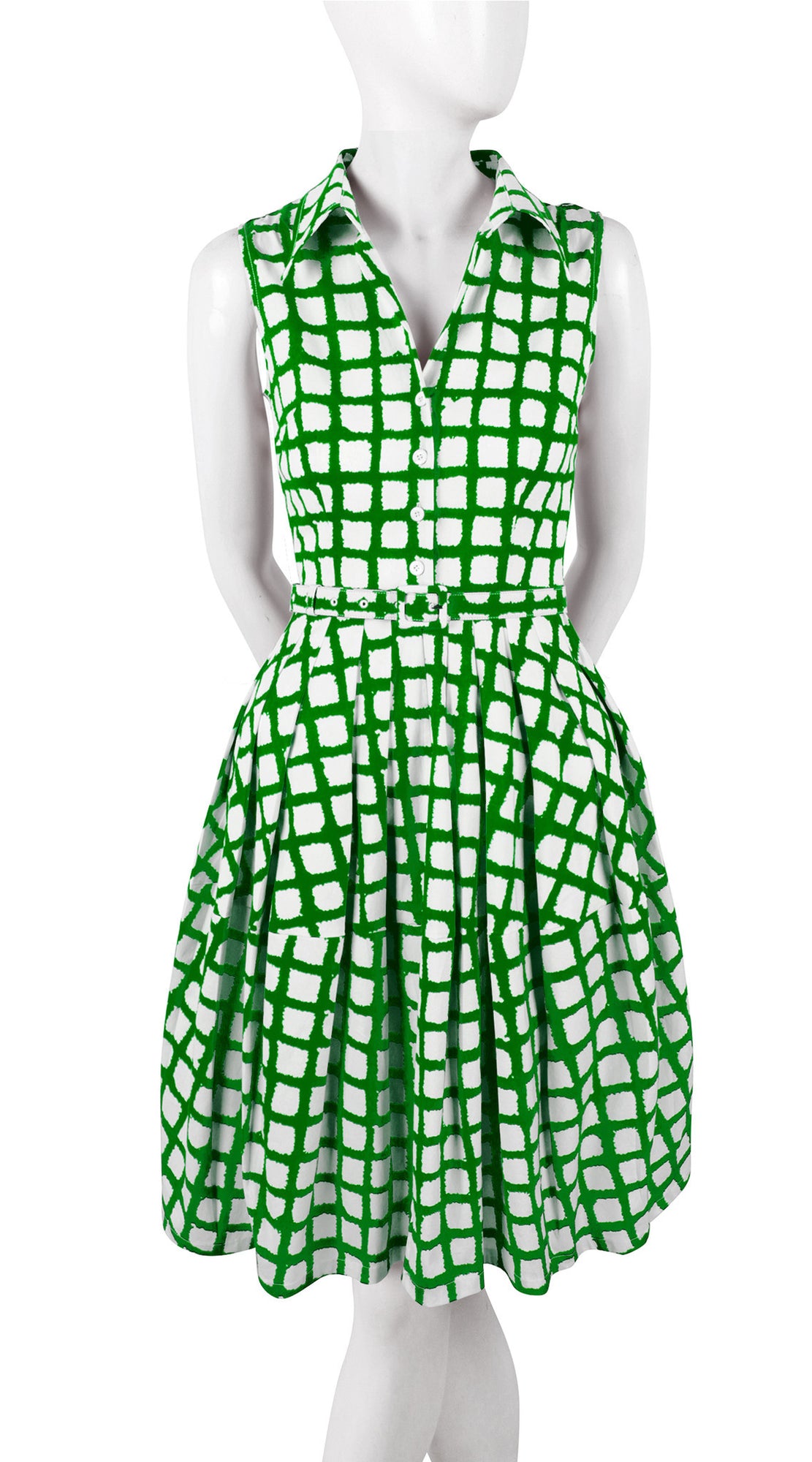 Sleeveless | Check Shibori | White Pine Green | Front | Shirt Dress By Samantha Sung