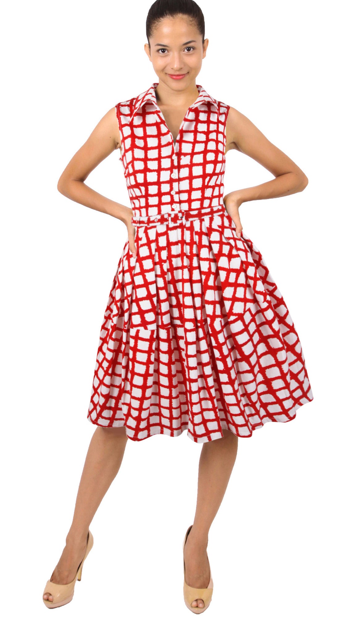 Sleeveless | Check Shibori | White Indian Red | Style | Shirt Dress By Samantha Sung