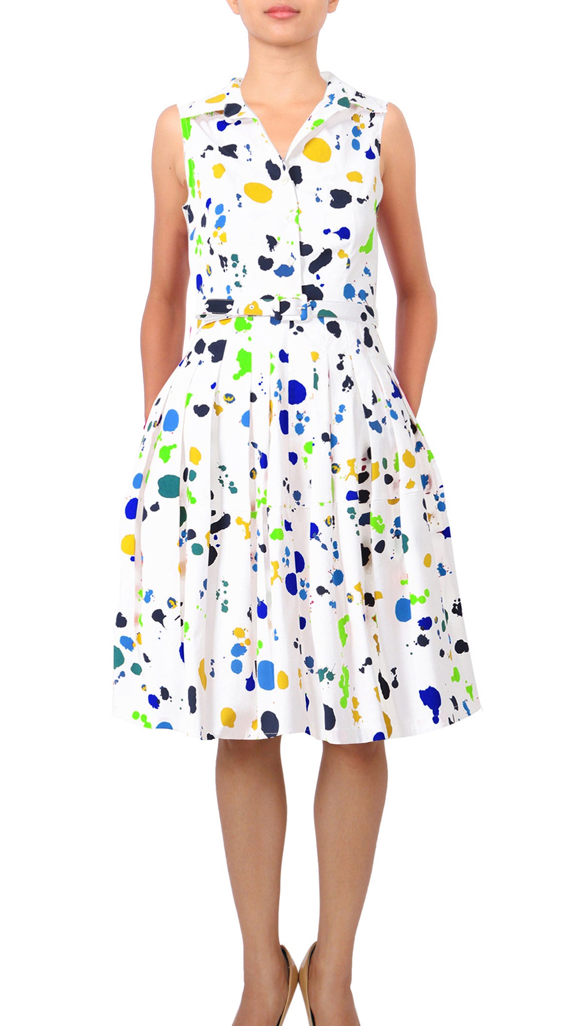 Sleeveless | Color Drip | White Sea Blue | Front | Shirt Dress By Samantha Sung