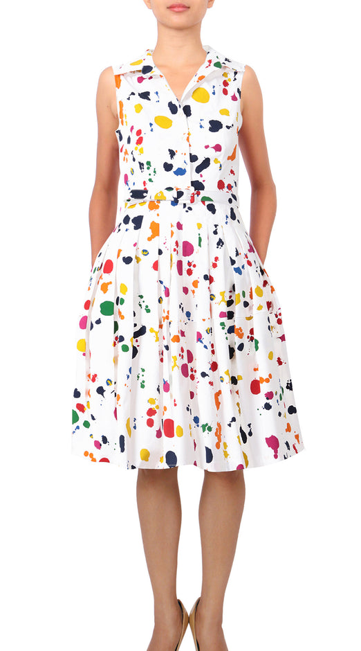 Sleeveless | Color Drip | White Red | Front-1 | Shirt Dress By Samantha Sung