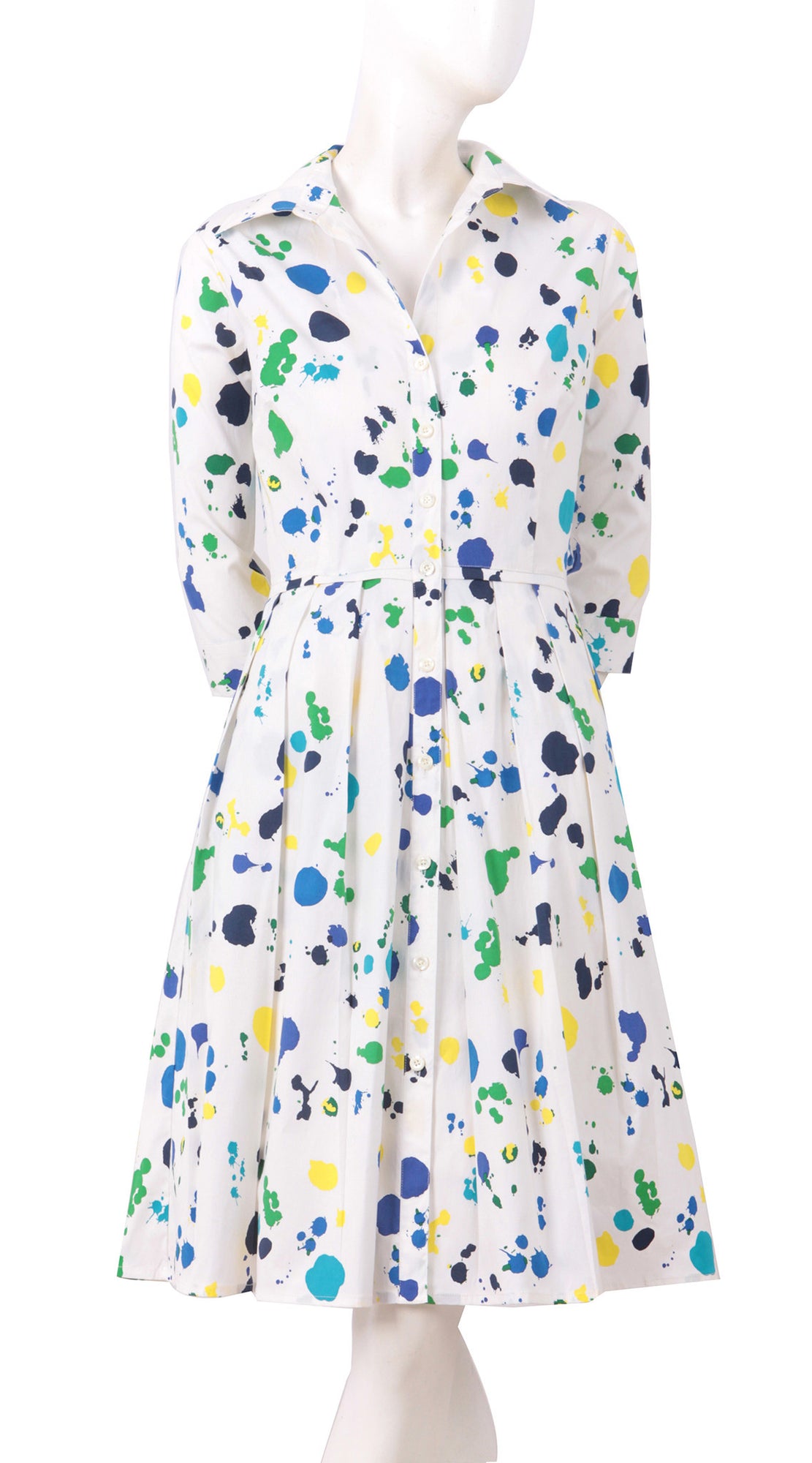 3/4 Sleeve | Color Drip | White Sea Blue | Front | Shirt Dress By Samantha Sung