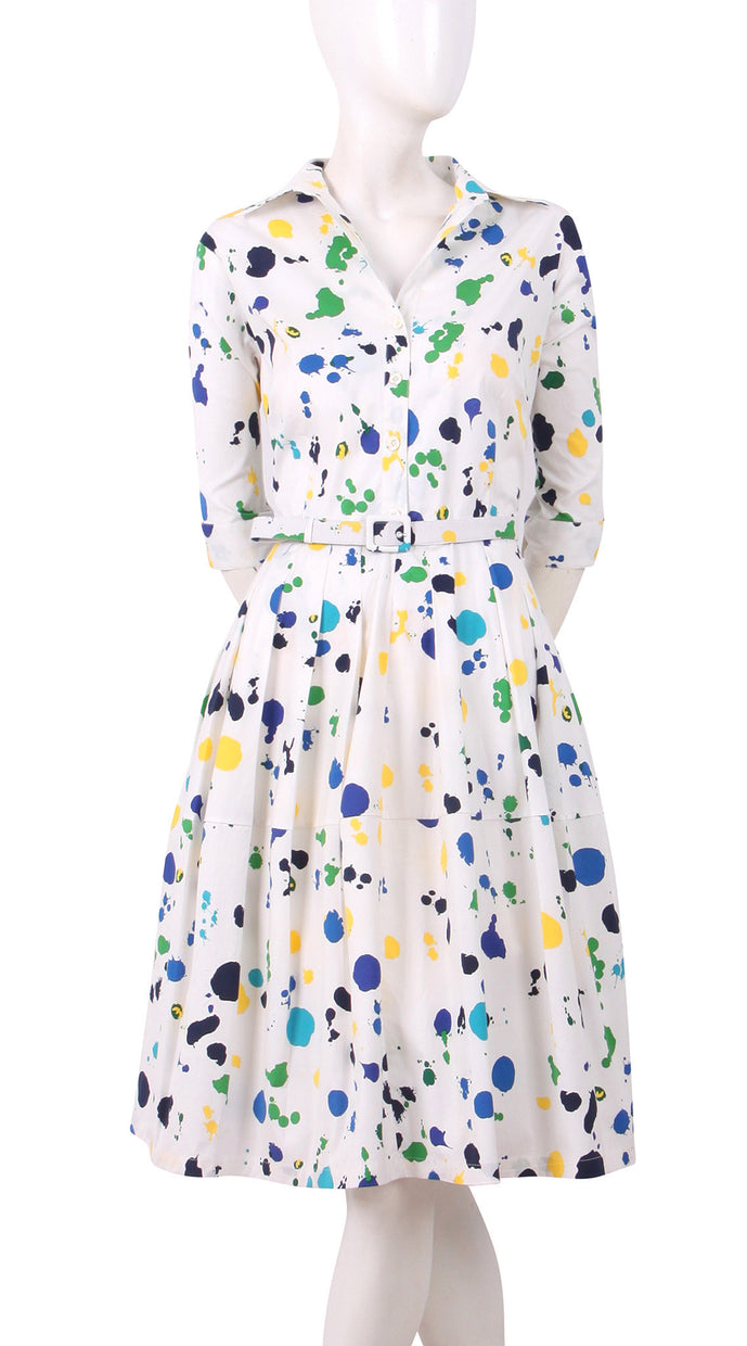 3/4 Sleeve | Clor Drip | White Sea Blue | Front | Shirt Dress By Samantha Sung