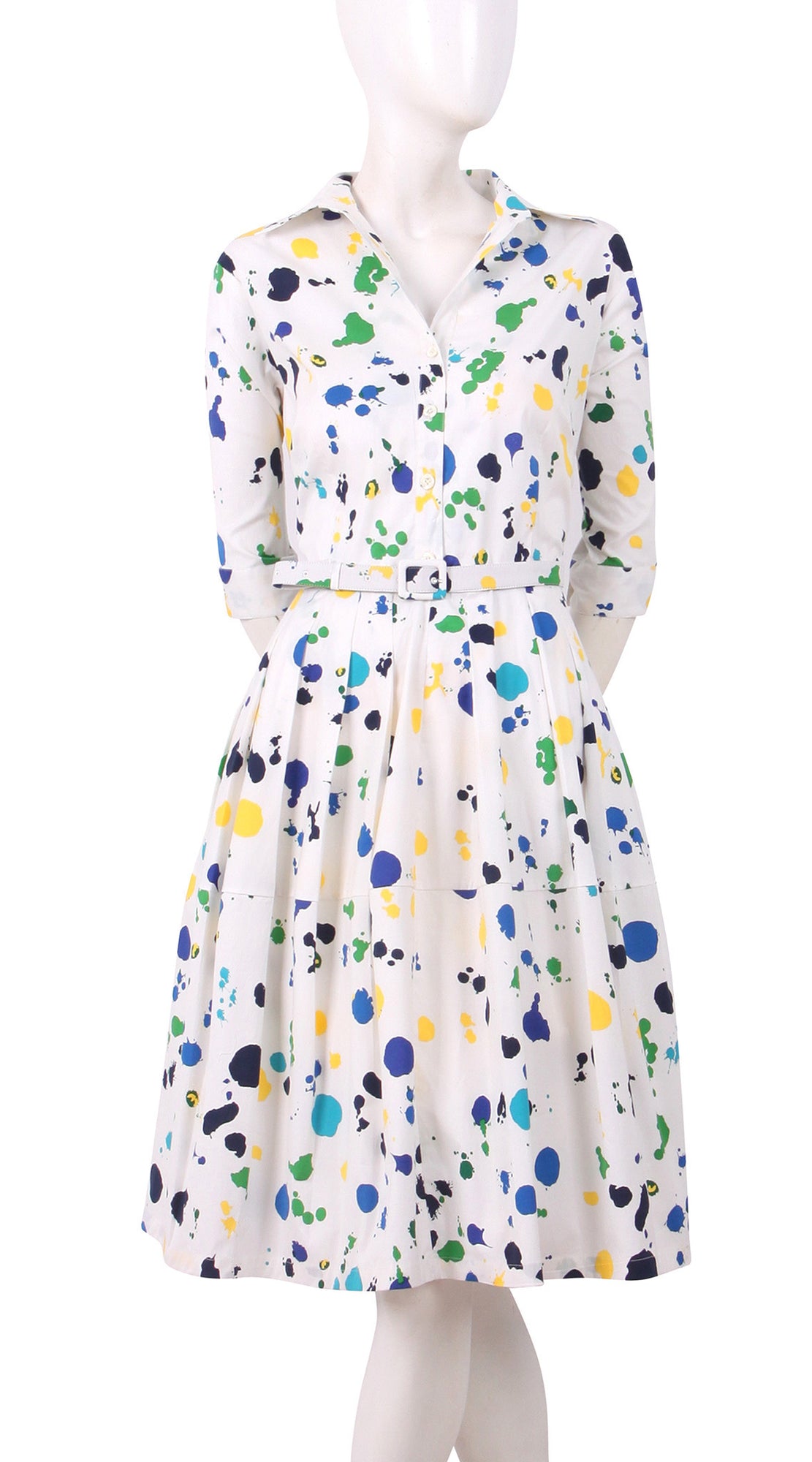 3/4 Sleeve | Clor Drip | White Sea Blue | Front | Shirt Dress By Samantha Sung