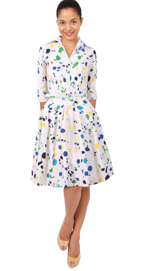 3/4 Sleeve | Clor Drip | White Sea Blue | Front | Shirt Dress By Samantha Sung