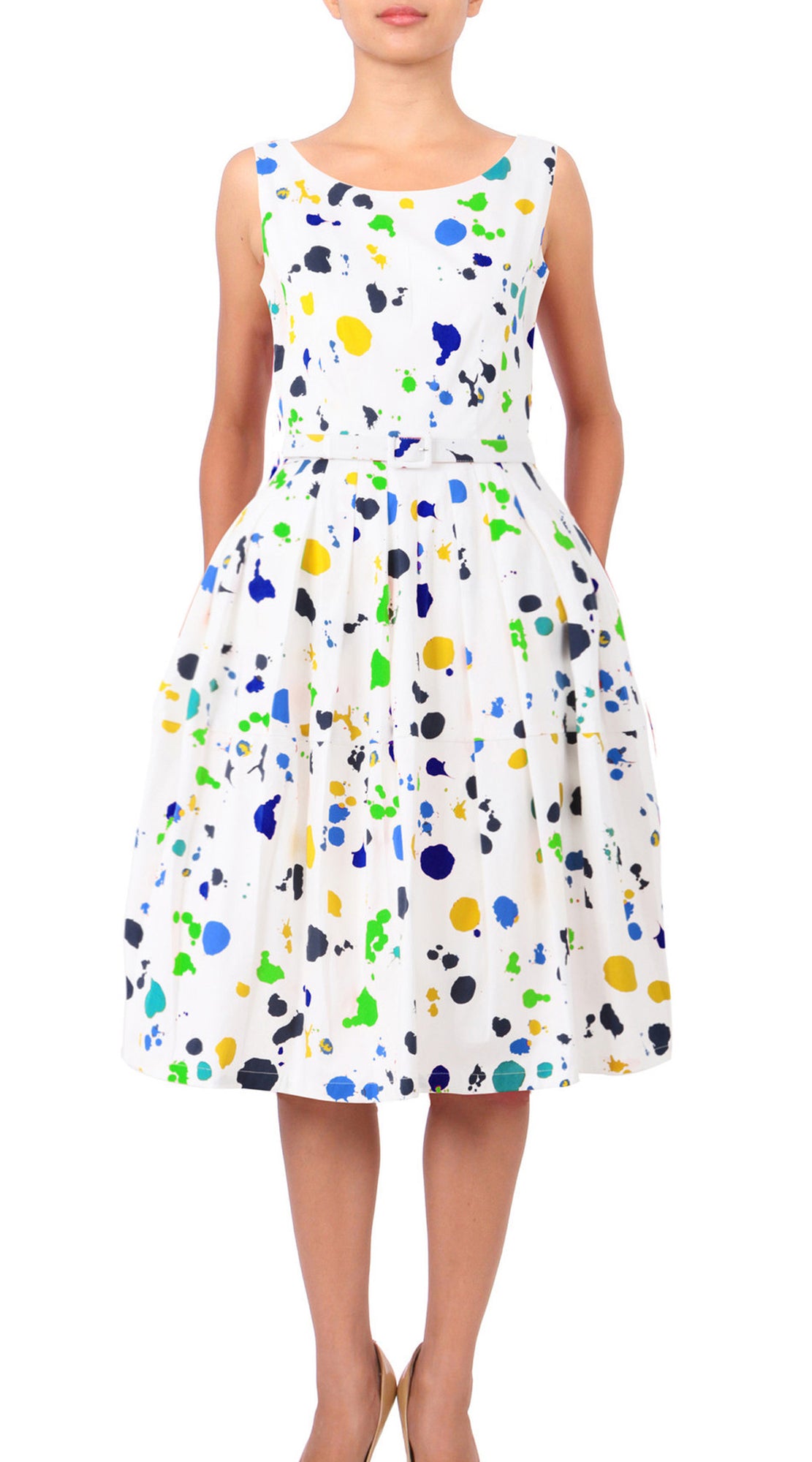 Sleeveless | Color Stip | White Blue | Front | Shirt Dress By Samantha Sung