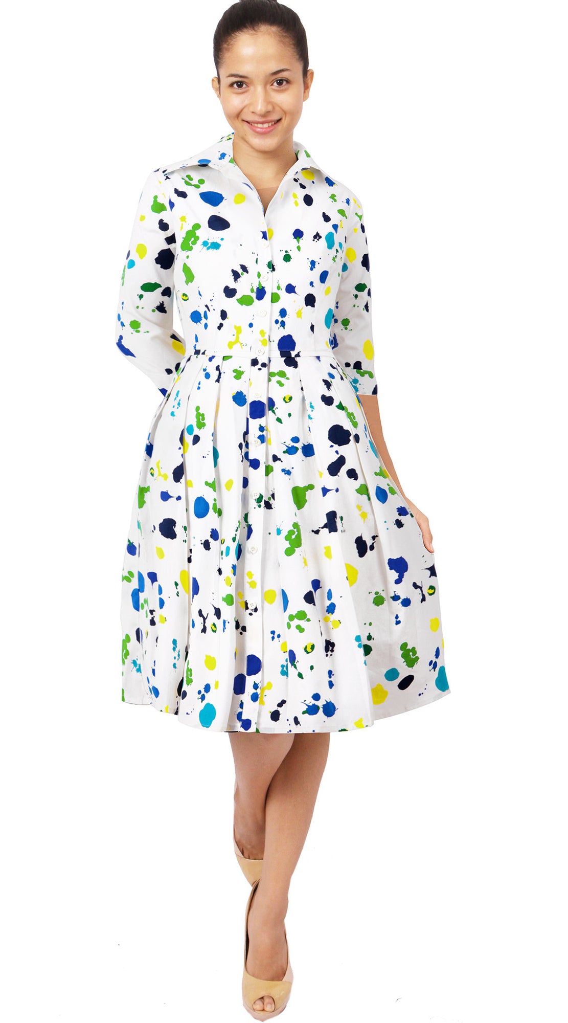 3/4 Sleeve | Color Drip | White Sea Blue| Front | Shirt Dress By Samantha Sung 