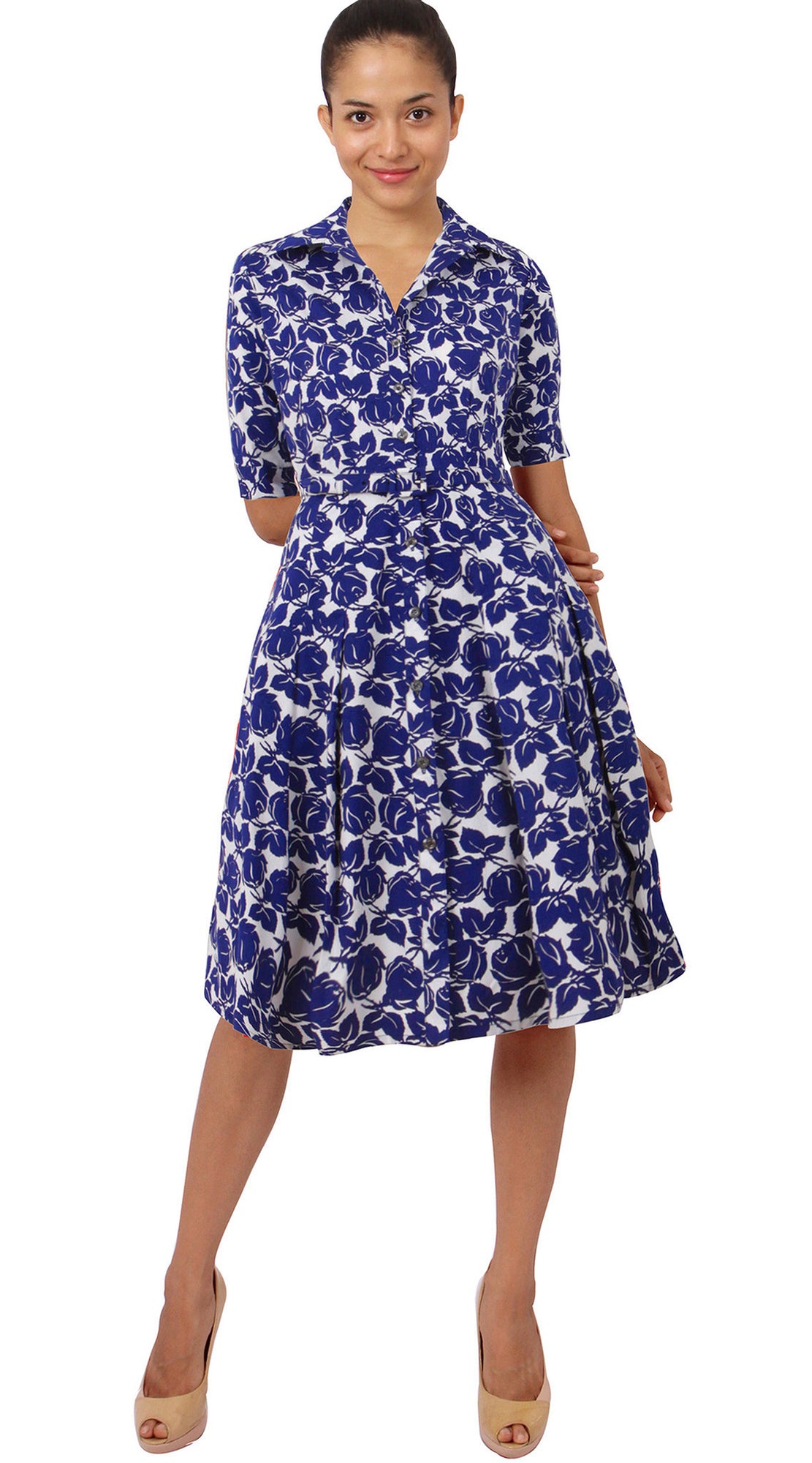 1/2 Sleeve | Corfu Rose | White Admiral Blue | Front | Shirt Dress By Samantha Sung