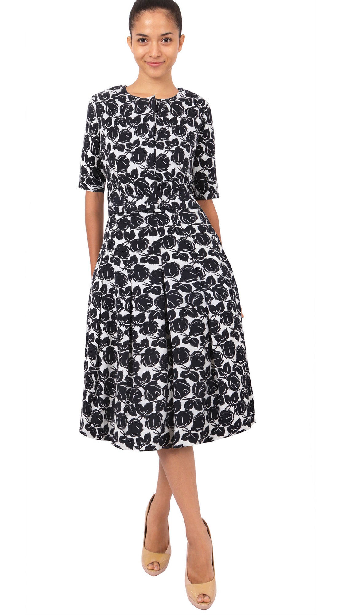 1/2 Sleeve | Corfu Rose | White Black | Front | Dress By Samantha Sung