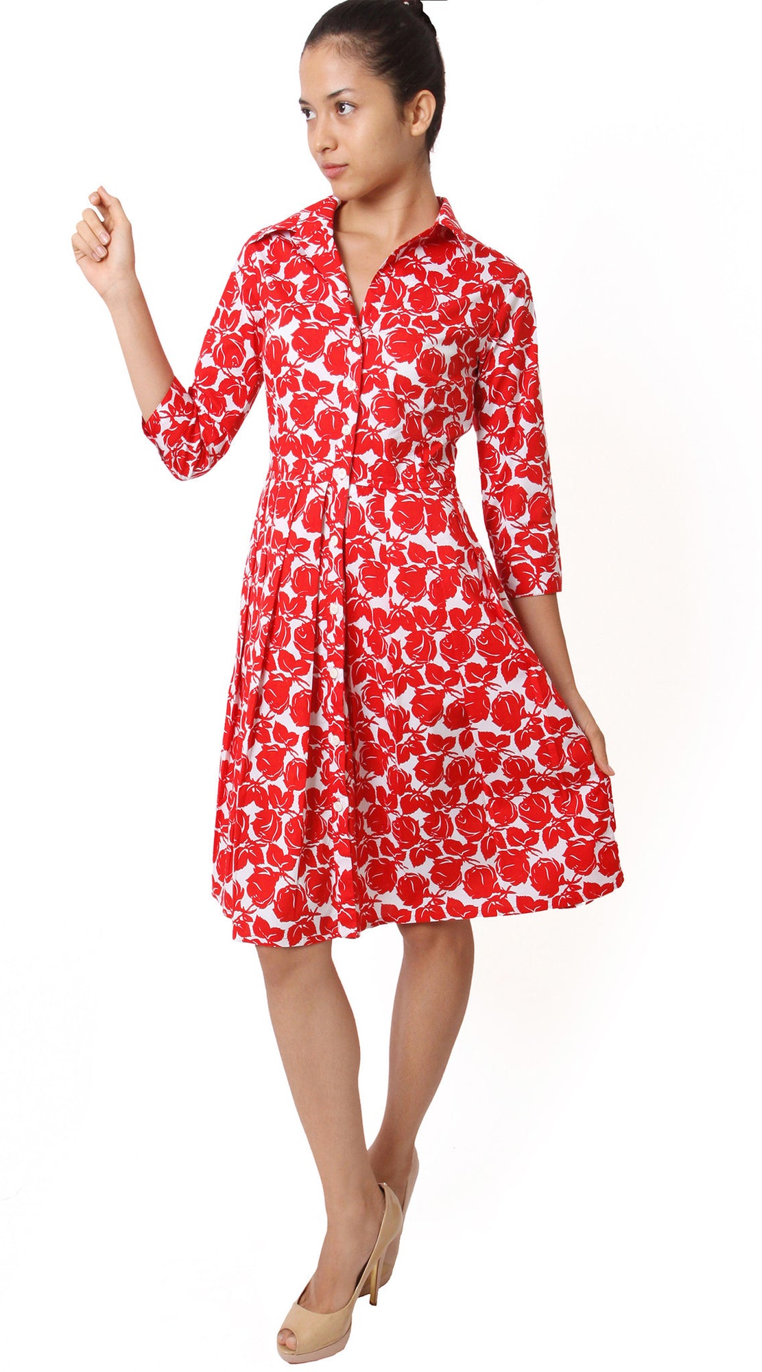 3/4 Sleeve | Corfu Rose | White Indian Red | Front | Shirt Dress By Samantha Sung