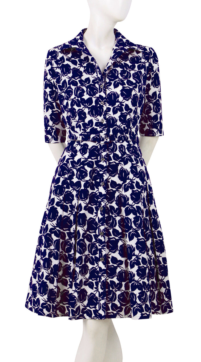 1/2 Sleeve | Corfu Rose | White Indigo | Front | Shirt Dress By Samantha Sung