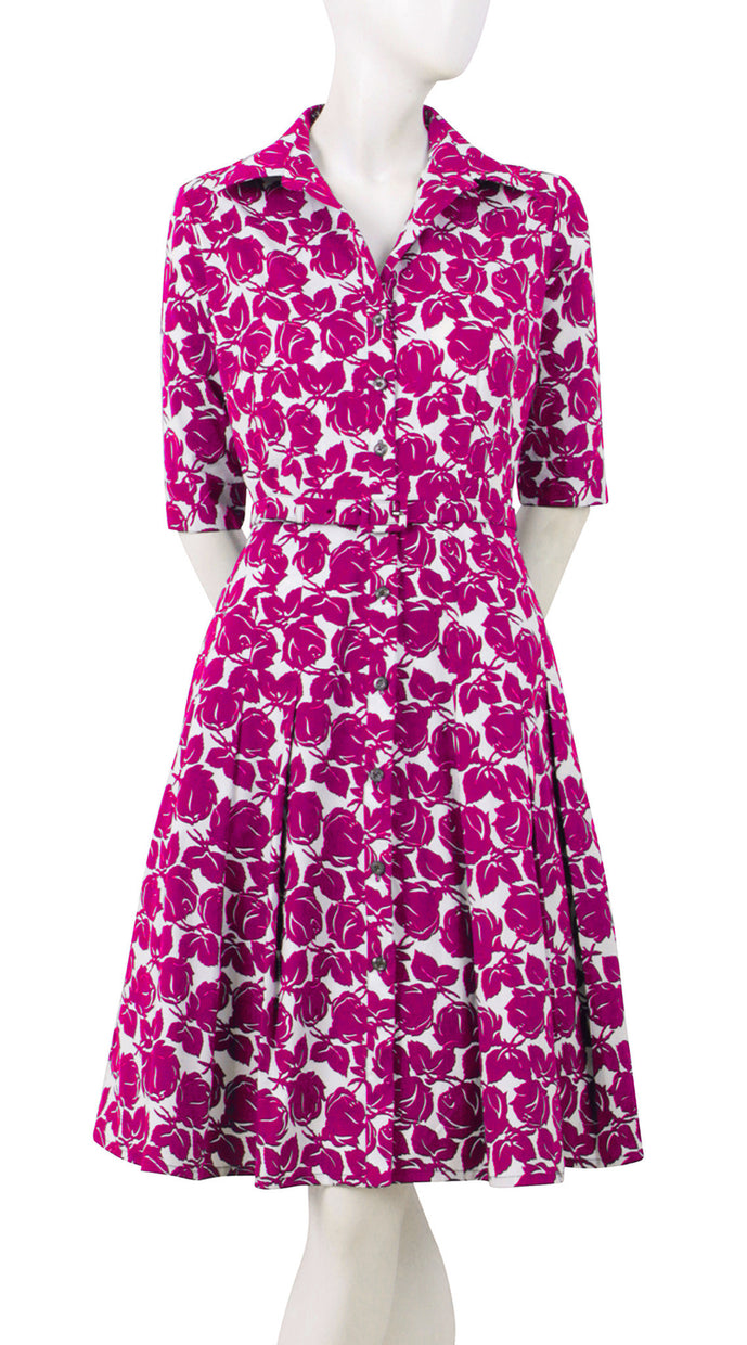 1/2 Sleeve | Corfu Rose | White Pink | Front | Shirt Dress By Samantha Sung