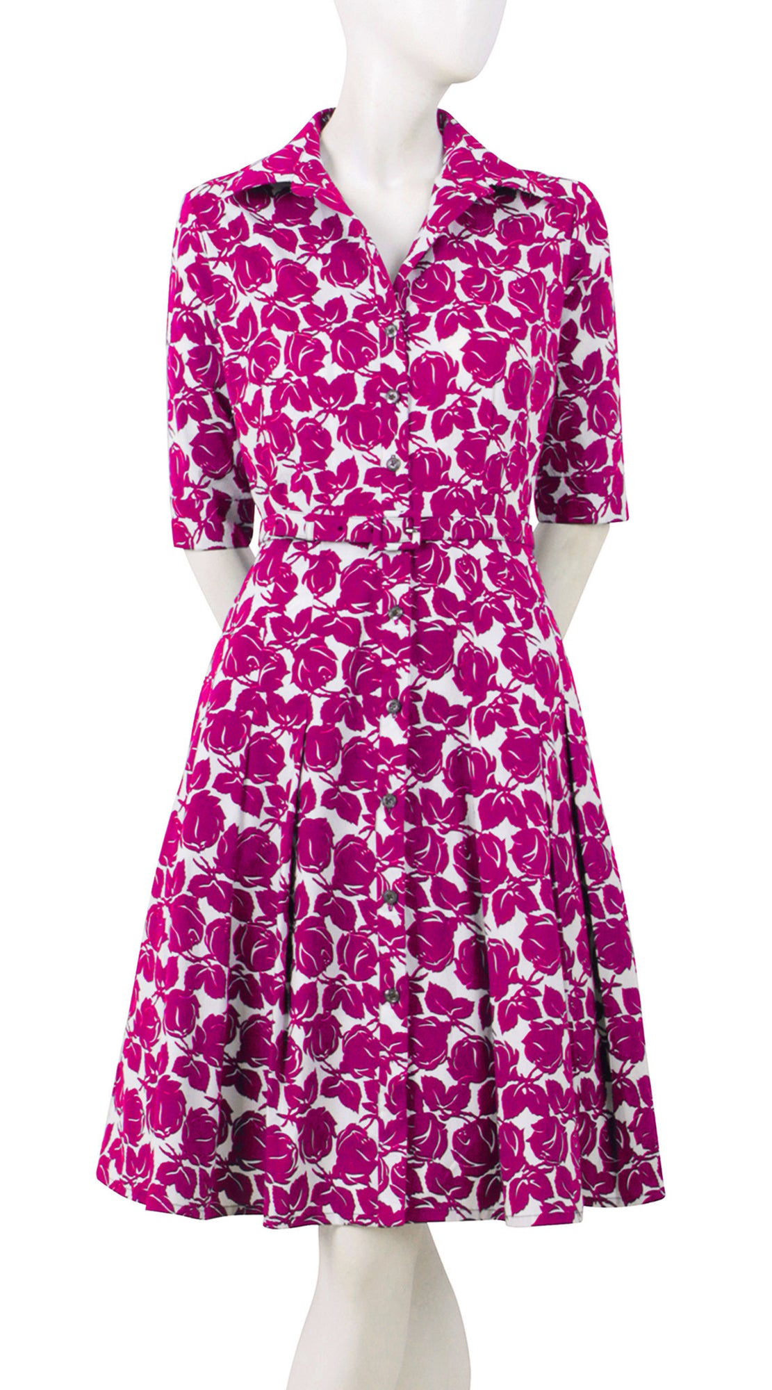 1/2 Sleeve | Corfu Rose | White Pink | Front | Shirt Dress By Samantha Sung
