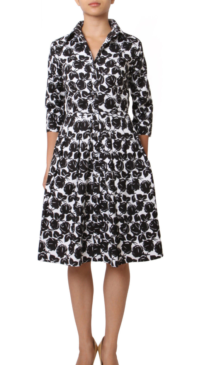 3/4 Sleeve | Corfu | White Black | Front | Shirt Dress By Samantha Sung