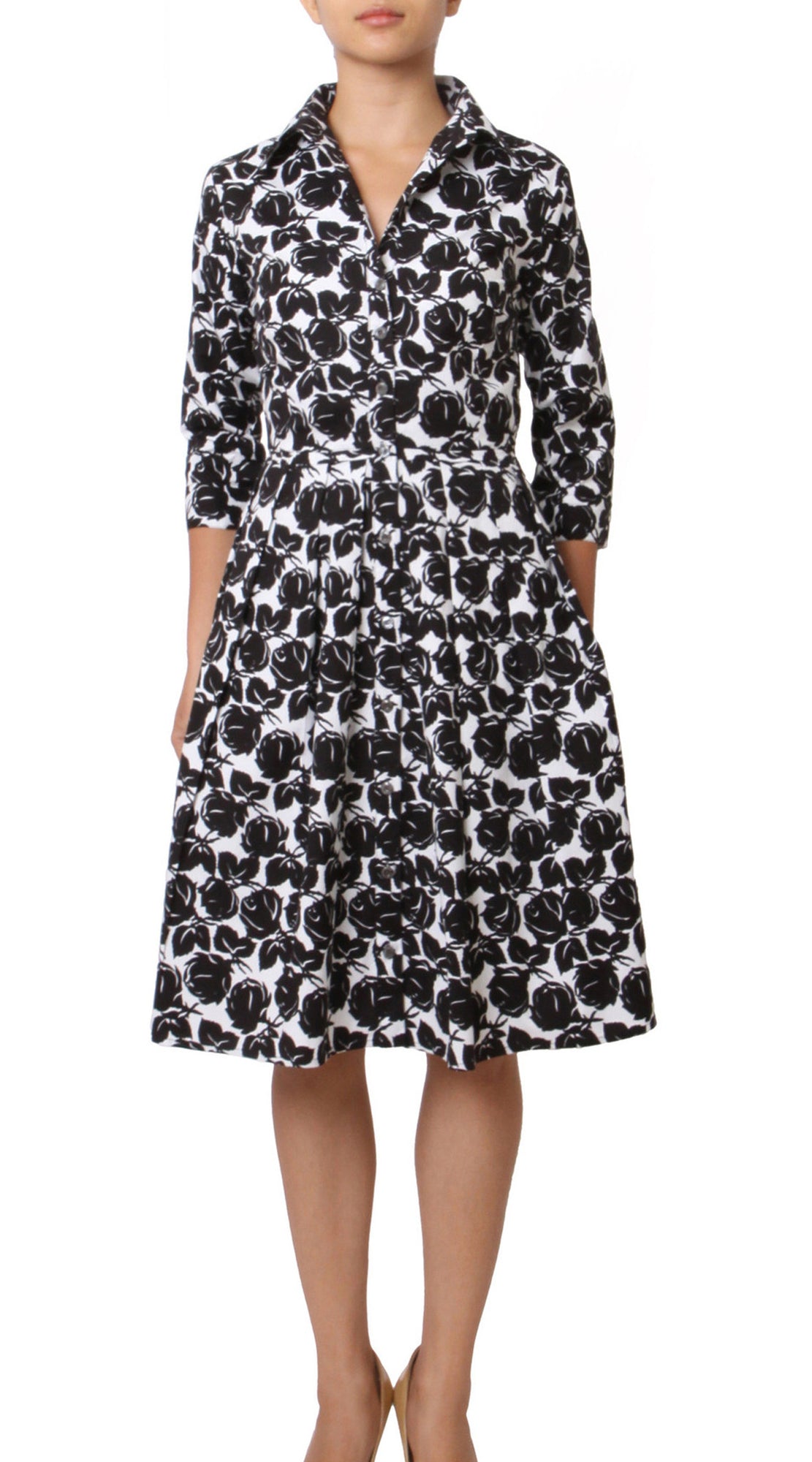 3/4 Sleeve | Corfu | White Black | Front | Shirt Dress By Samantha Sung