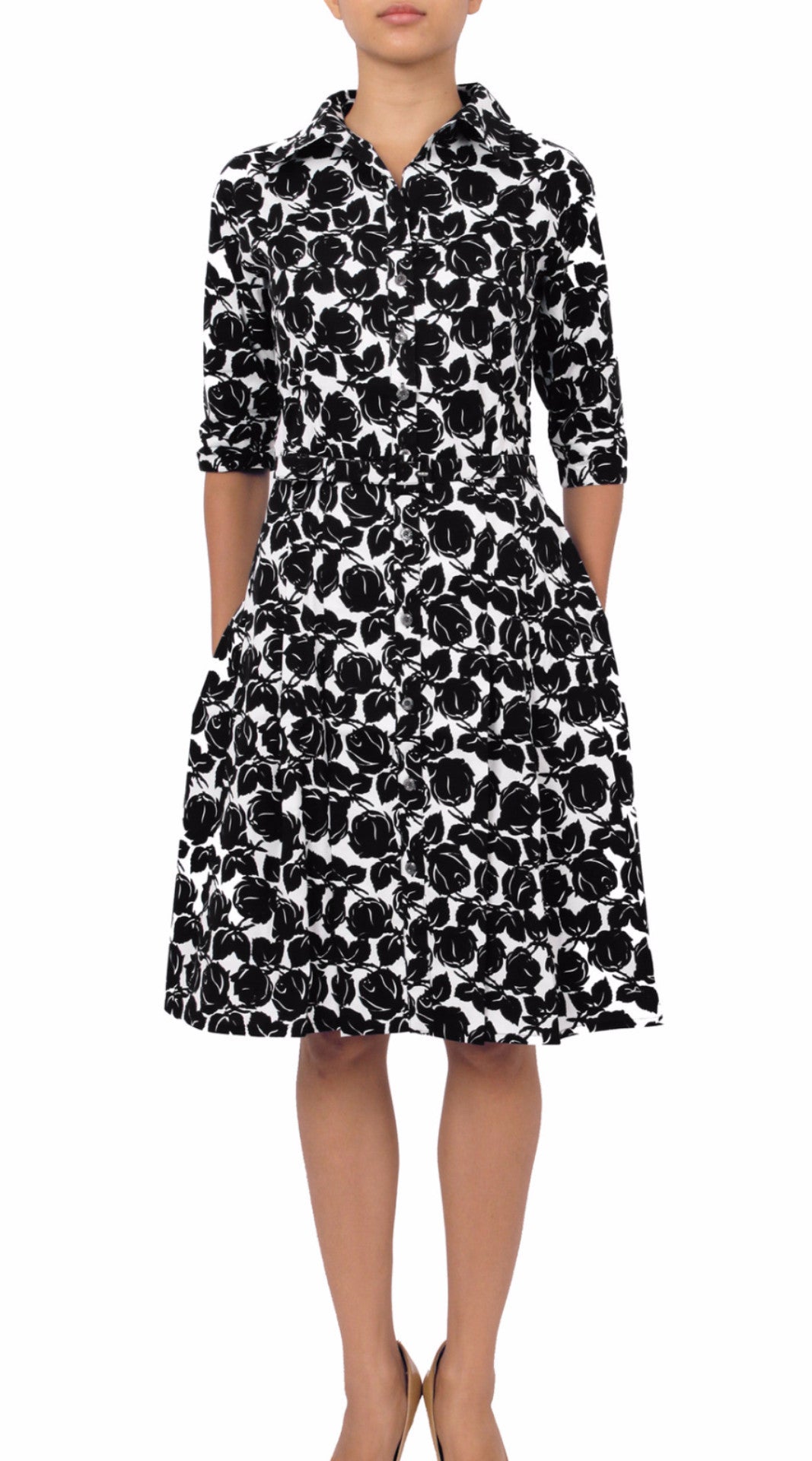 1/2 Sleeve | Corfu | White Black | Front | Shirt Dress By Samantha Sung